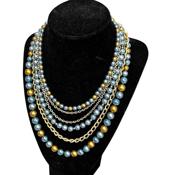 Vintage multistrand necklace dramatic beads & chains blue & gold mid century - Picture 4 of 6